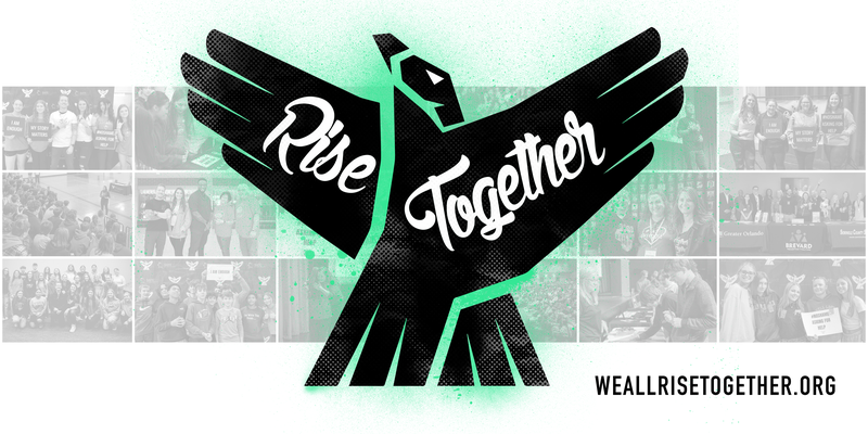 Logo of RISE TOGETHER featuring a stylized hawk with the text 'Rise Together' and a background of various community engagement images.